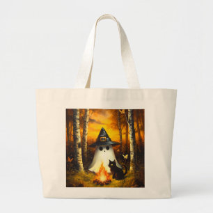 Cosy Halloween Ghost & Black Cat Campfire Art Large Tote Bag