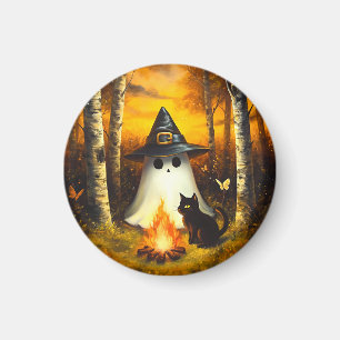 Cosy Halloween Ghost & Black Cat Campfire Art Magnet