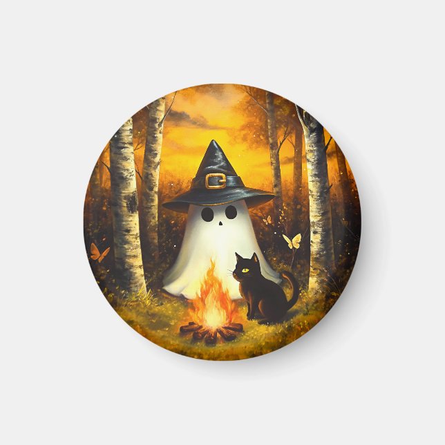 Cosy Halloween Ghost & Black Cat Campfire Art Magnet (Front)