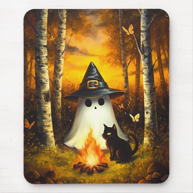 Cosy Halloween Ghost & Black Cat Campfire Art Mouse Pad (Front)