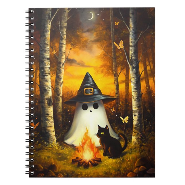 Cosy Halloween Ghost & Black Cat Campfire Art Notebook (Front)