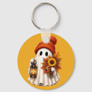 Cosy Halloween Ghost Lantern Sunflowers Key Ring