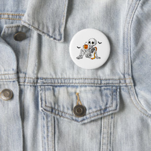 Cosy Halloween Skeleton with Coffee & Bats Mug / S 6 Cm Round Badge