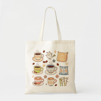 Cosy Hand-Drawn Coffee & Folk Art Doodle Set Tote Bag