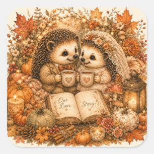 Cosy Hedgehog Couple Autumn Wedding Love Story Square Sticker