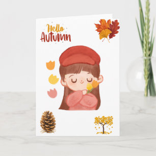 Cosy Hello Autumn Cute Girl and Fall Leaves Greeti Card