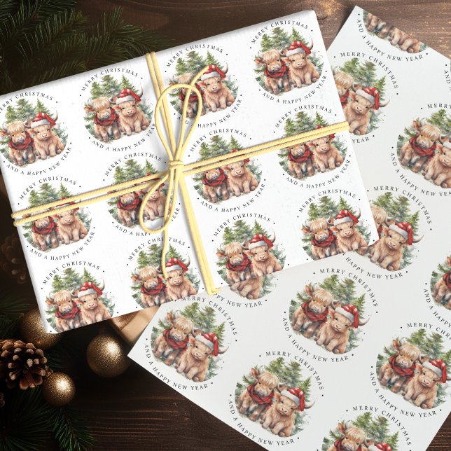 Cosy Highland Cow Farm Animal Merry Christmas Wrapping Paper Sheet (Creator Uploaded)
