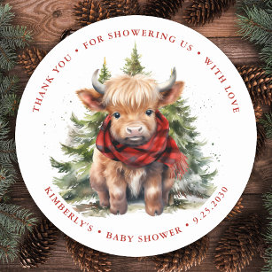 Cosy Highland Cow Farm Animals Winter Baby Shower Classic Round Sticker