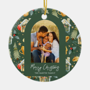 Cosy Holiday Green Illustrated Print Photo Ceramic Tree Decoration