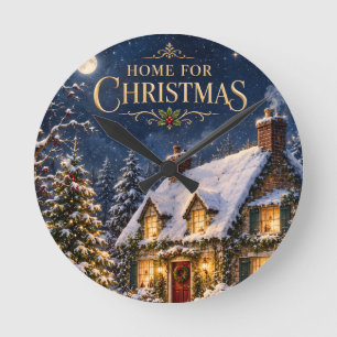 Cosy Home for Christmas , Elegant Snowy House Round Clock