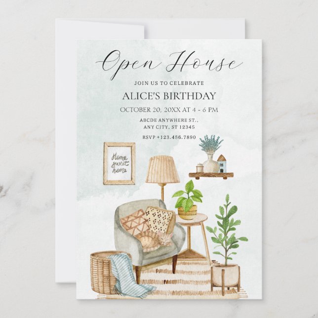 Cosy home interior with plants open house invitation (Front)