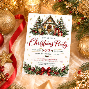 Cosy House Trees Snow Holly Berries Christmas Invitation