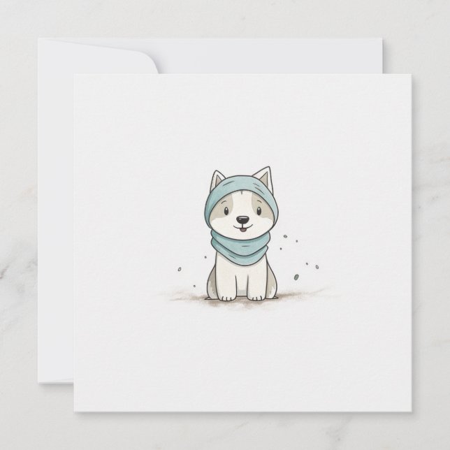 Cosy Husky Illustration - Adorable Puppy in Scarf Holiday Card (Front)