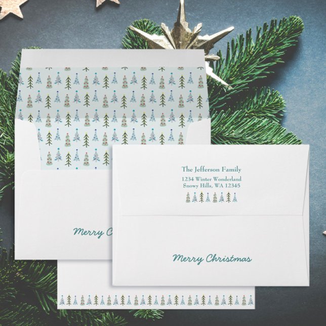 Cosy Hygge Christmas trees return address Envelope (Custom hand drawn Scandinavian icy blue Christmas trees with your address and greeting )