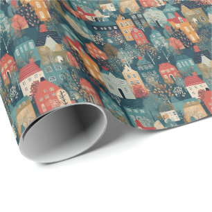 Cosy Hygge Village Nordic Folk Art Wrapping Paper