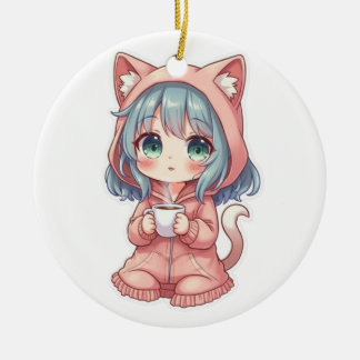 Cosy Kawaii Anime Girl with Cat Hoodie – Hot Drink Ceramic Tree Decoration