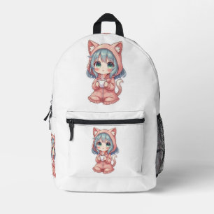 Cosy Kawaii Anime Girl with Cat Hoodie – Hot Drink Printed Backpack