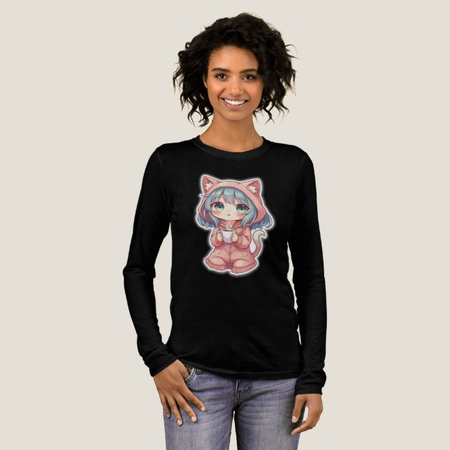 Cosy Kawaii Anime Girl with Cat Hoodie – Hot Drink Tri-Blend Shirt (Full Front)