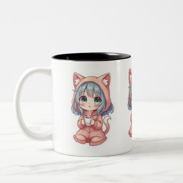 Cosy Kawaii Anime Girl with Cat Hoodie – Hot Drink Two-Tone Coffee Mug (Left)