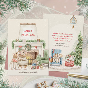 Cosy Kissing Mice Fireplace Watercolor Christmas Holiday Card
