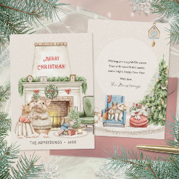 Cosy Kissing Mice Fireplace Watercolor Christmas Holiday Card