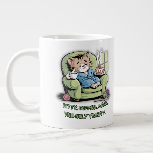 Cosy Kitten with Coffee and Cake – Funny Cat Large Coffee Mug (Left)