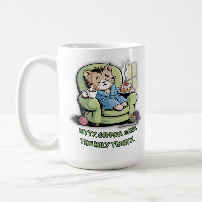Cosy Kitten with Coffee and Cake – Funny Cat Mug (Left)