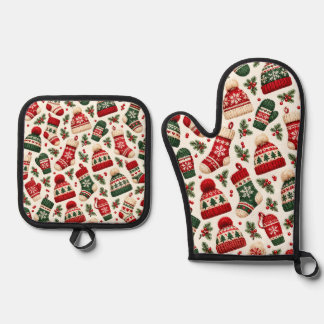 Cosy Knitted Christmas Hats and Stockings Pattern Oven Mitt & Pot Holder Set