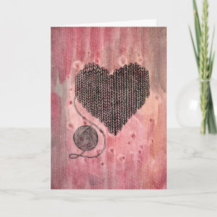 Cosy Knitted Heart and Yarn Ball Watercolor Greeti Card