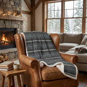 Cosy Knitted Pattern Black and Grey Sherpa Blanket