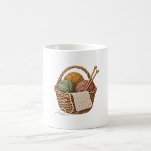 Cosy Knitting Basket with Sage Rose and Ochre Yarn Coffee Mug