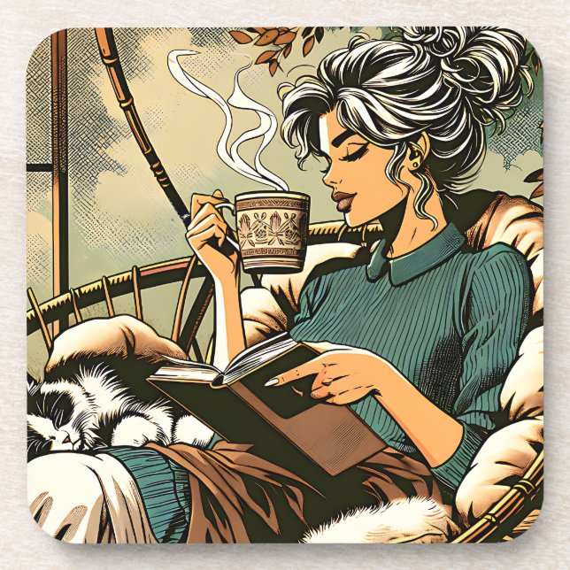 Cosy Lady Reading with Coffee and Cat Coaster (Front)