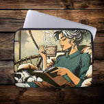Cosy Lady Reading with Coffee and Cat Laptop Sleeve<br><div class="desc">A pretty lady relaxing in her cosy Papasan chair reading a book,  drinking coffee with a cute black and white cat sleeping on her lap.</div>