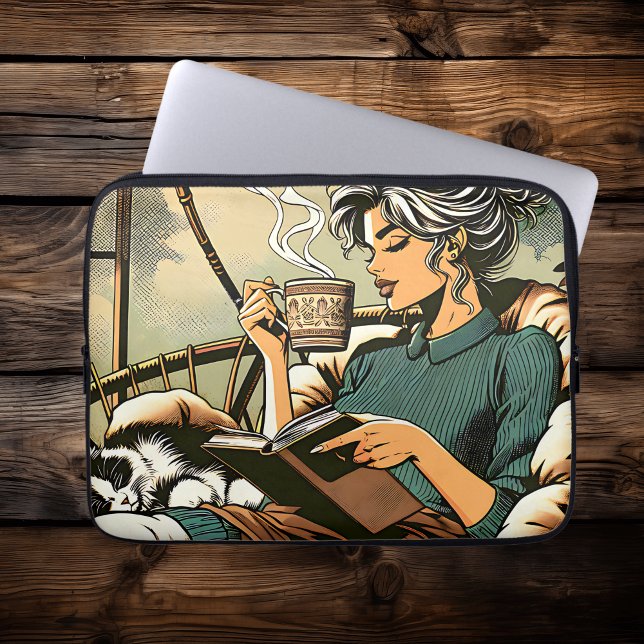 Cosy Lady Reading with Coffee and Cat Laptop Sleeve (Creator Uploaded)