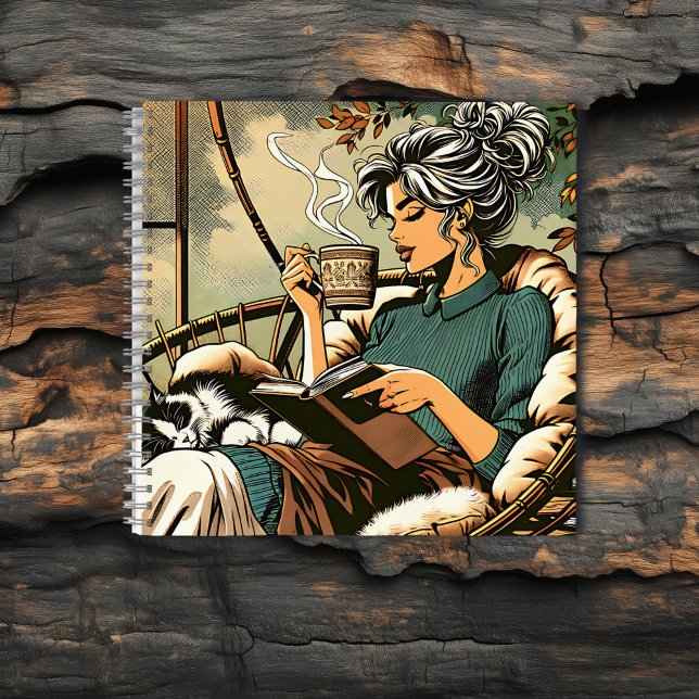 Cosy Lady Reading with Coffee and Cat Notebook (Creator Uploaded)