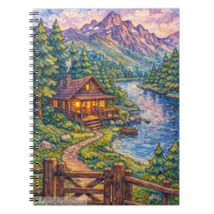 Cosy Lakeside Cabin Mountain Landscape Art Notebook