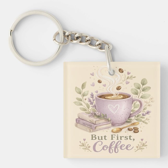 Cosy Lavender Watercolor Coffee Key Ring (Front)