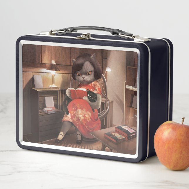Cosy Library Afternoon - Lo-fi Vintage Cat Metal Lunch Box (In Situ)