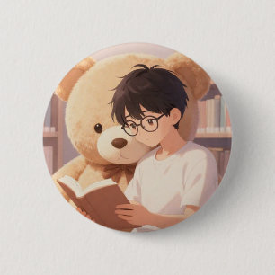 Cosy Library Boy & Giant Teddy Bear Reading Aesthe 6 Cm Round Badge