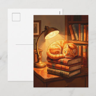 Cosy Library Cat Postcard - Bookworm Gift Art