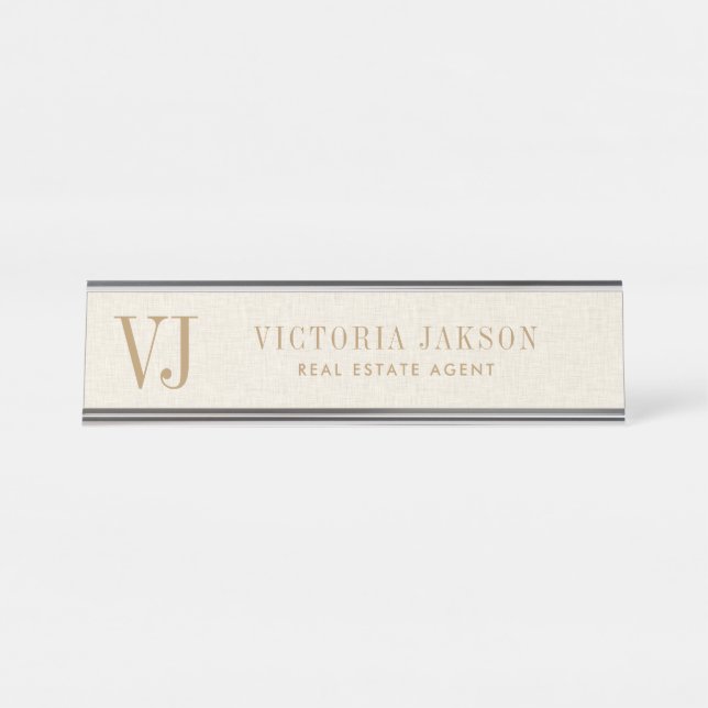 Cosy Light Beige Linen With Tan Monogram Desk Name Plate (Front)