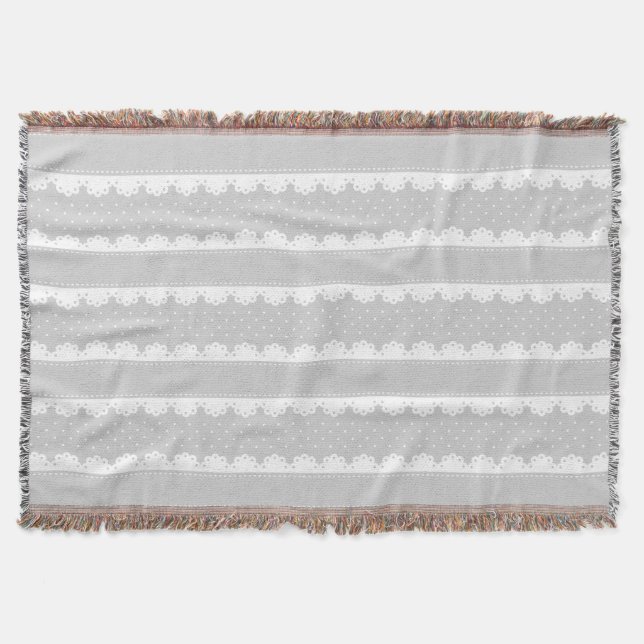Cosy Light Grey & White Lace Striped Pattern Throw Blanket (Front)