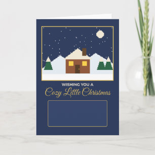Cosy Little Christmas Snowy Cabin Pixel Art Card