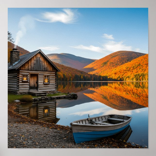 Cosy Log Cabin Fall Autumn Lake Reflection Poster (Front)