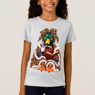 Cosy Mallard Duck Coffee Book Lover Leopard Bow T-Shirt