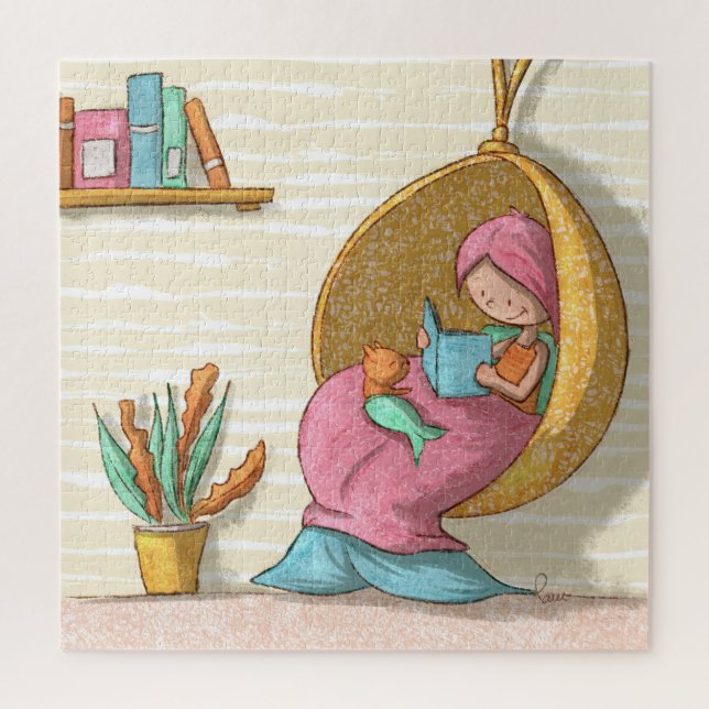 Cosy Mermaid Reading with Cat Mermaid Illustrated Jigsaw Puzzle (Vertical)