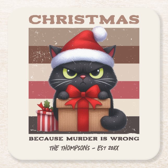 Cosy Mocha Mousse Funny Cat Retro Christmas Square Paper Coaster (Front)
