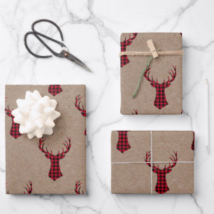 Cosy Modern Deer Kraft Plaid Christmas Wrapping Paper Sheet