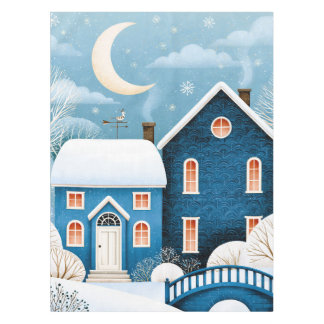 Cosy Moon Winter Village Snowy Cottage Tablecloth