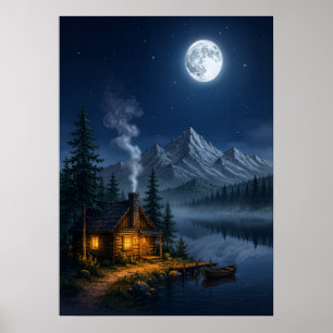 Cosy Mountain Cabin Night Lake Scene Art Print